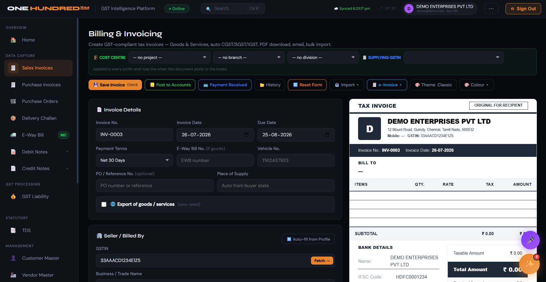 ONE HUNDRED billing interface with invoice details and a live tax invoice preview